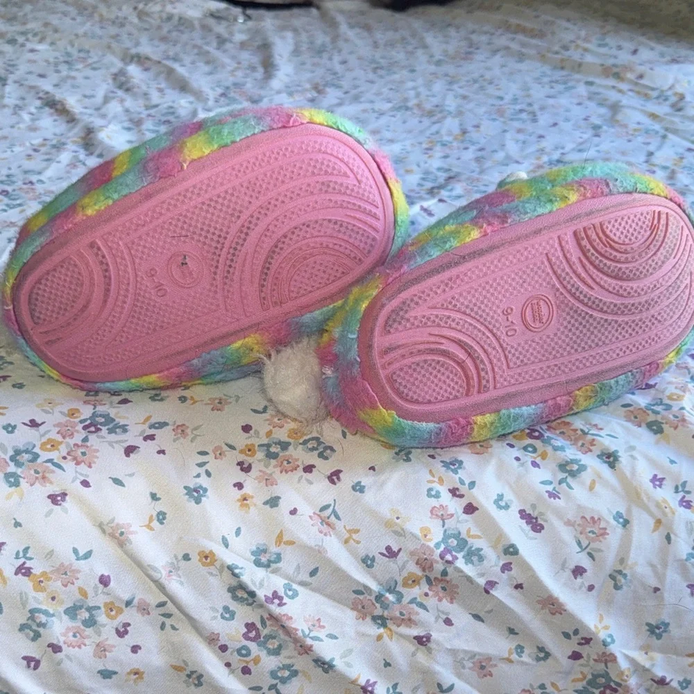 wonder nation Multicolor Rainbow Unicorn Plush Slippers with Gold Horns